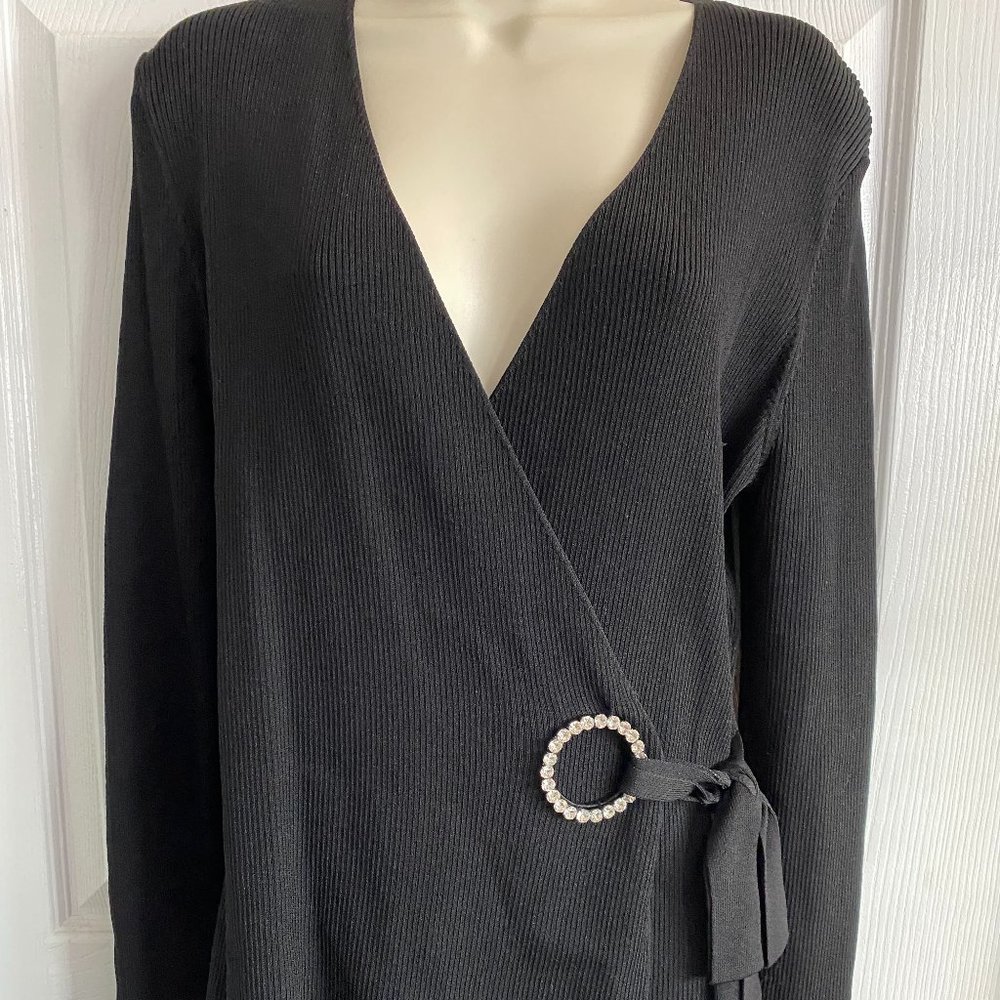 Black Side Tie Sweater with Faux Diamond Circle